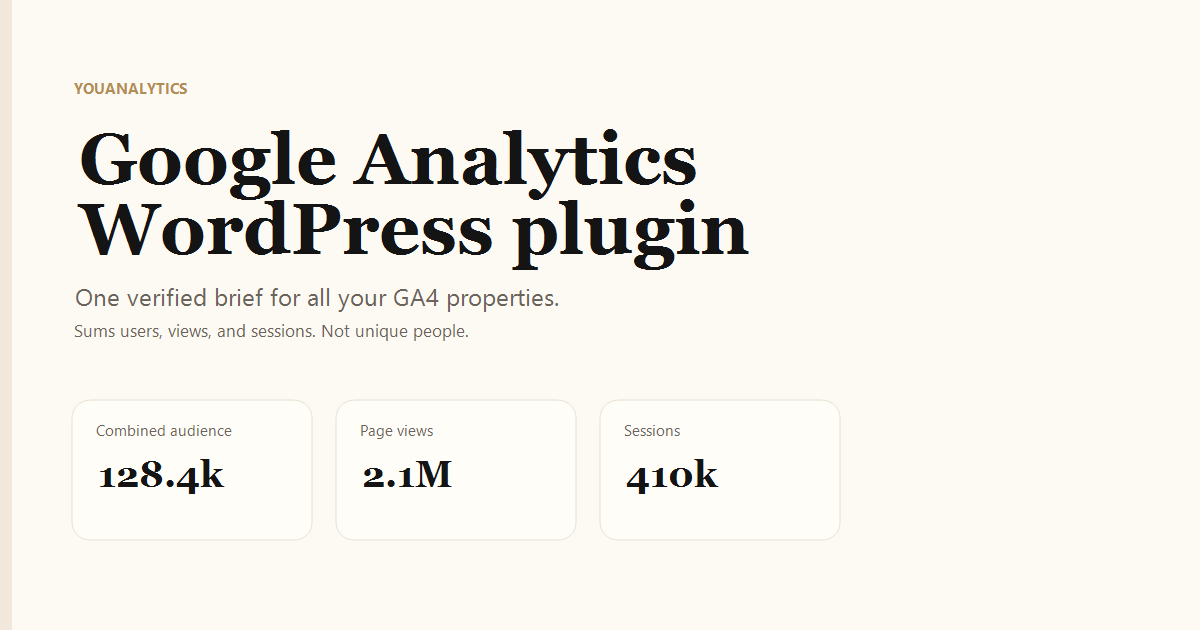 Comparing Google Analytics WordPress plugins: Site Kit adds the GA4 tag; YouAnalytics combines selected properties into one brief.